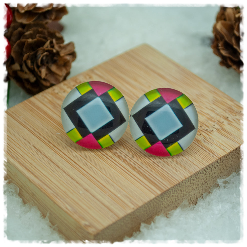 Ohrringe in 20 mm weiß mit Muster in pink, grün und schwarz - Jackelina