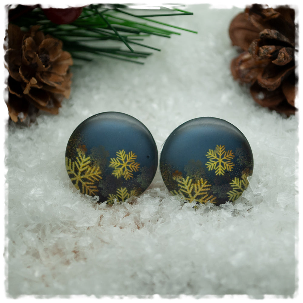 Ohrringe in 20 mm grau mit goldenen Schneeflocken