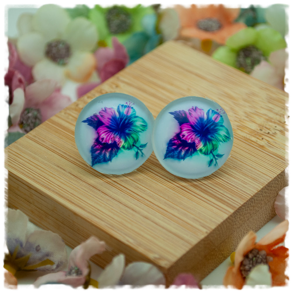 Ohrringe grau mit Blüten in grün, lila und pink