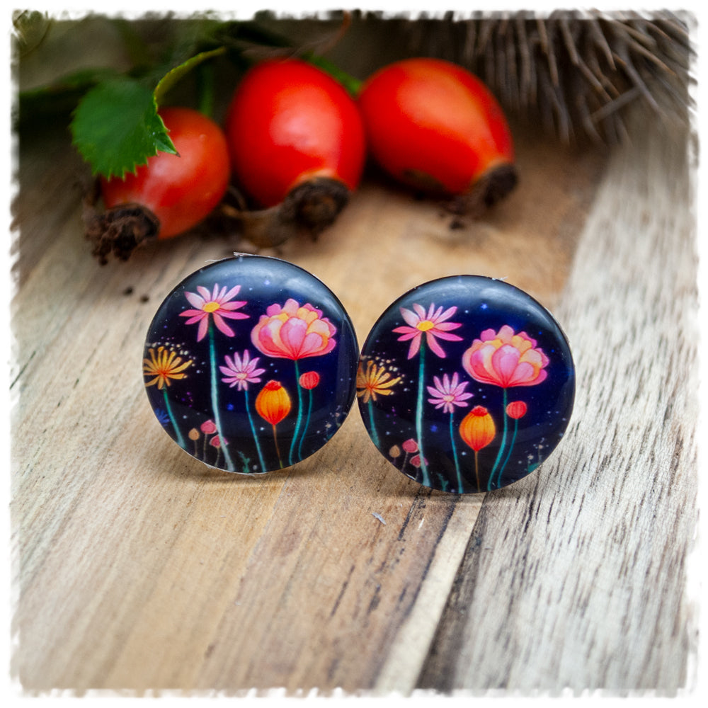 Ohrringe dunkelblau mit rosa Blumen