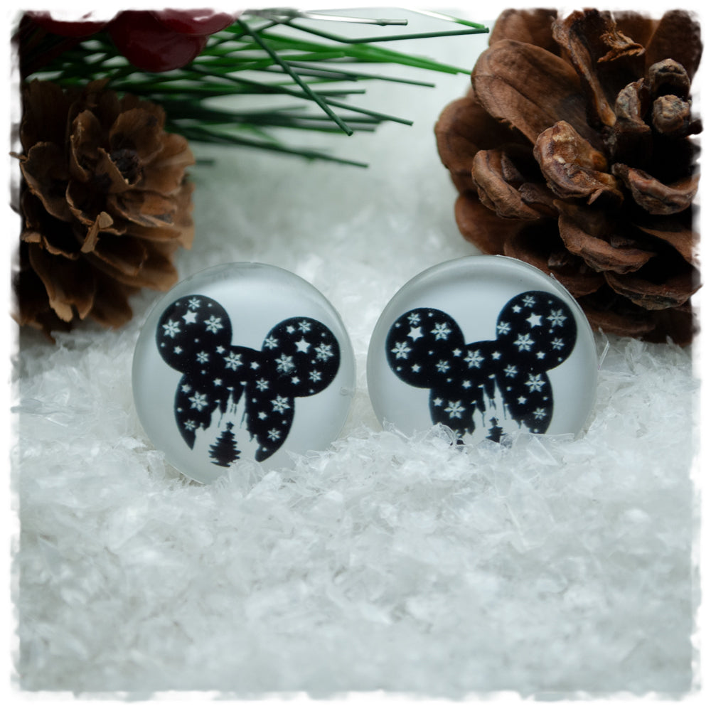 Ohrringe weiß mit Maus, Schneeflocken und Schloß