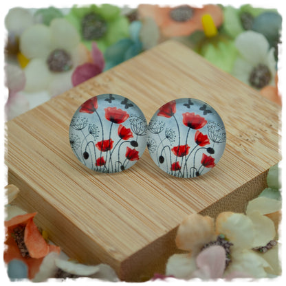 Ohrringe grau mit Mohn- und Pusteblumen