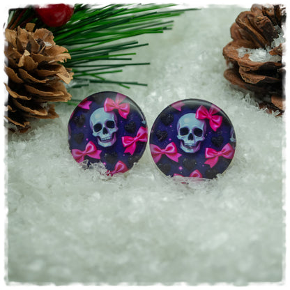 Ohrringe violett mit Herzen, Totenkopf und Schleifen