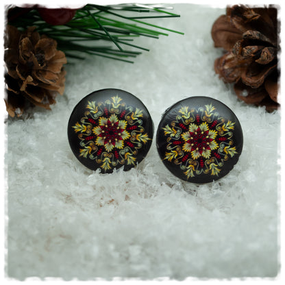 Ohrringe schwarz  mit rot goldener Eisblume