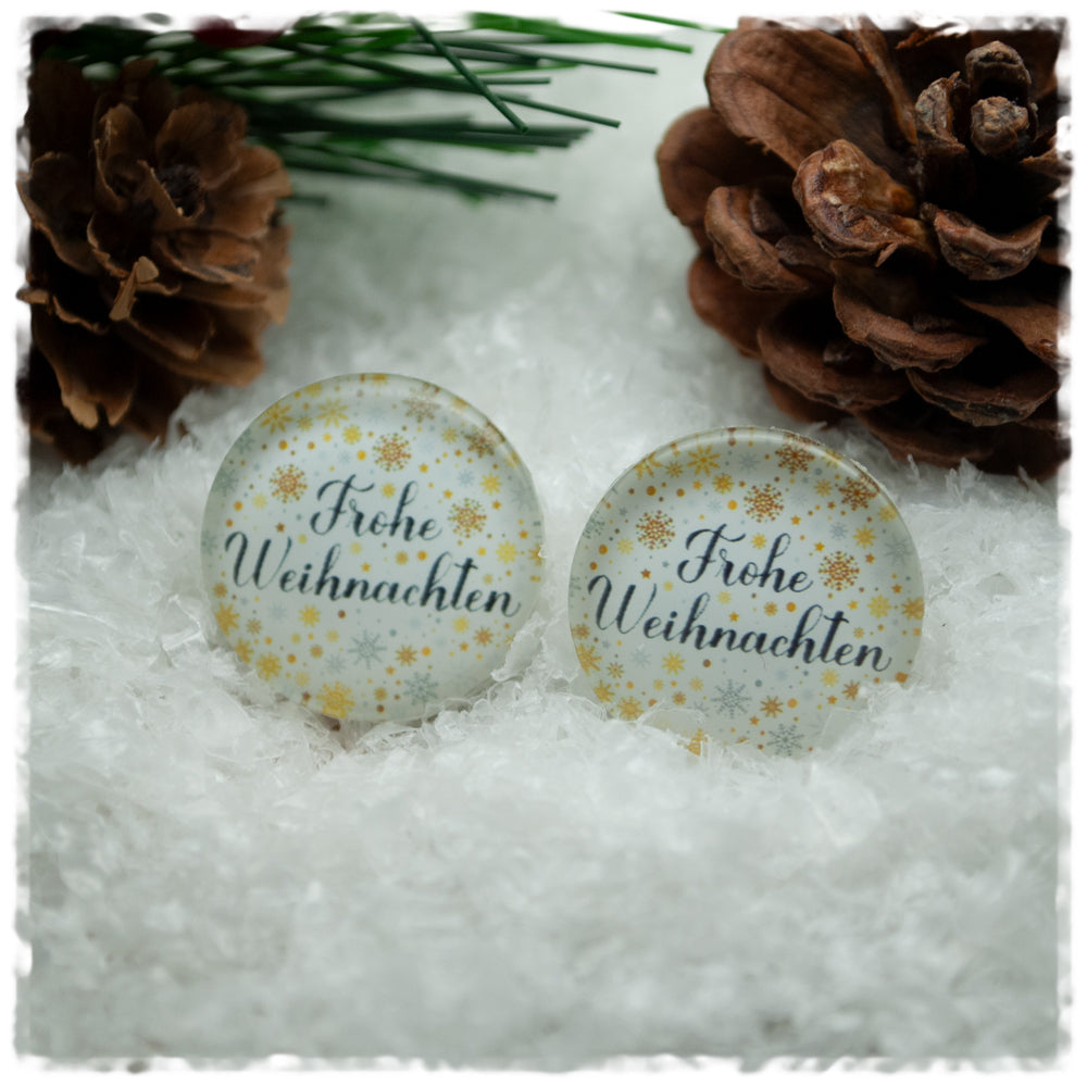 Ohrringe weiß mit Frohe Weihnachten und Sternen in golden und grau