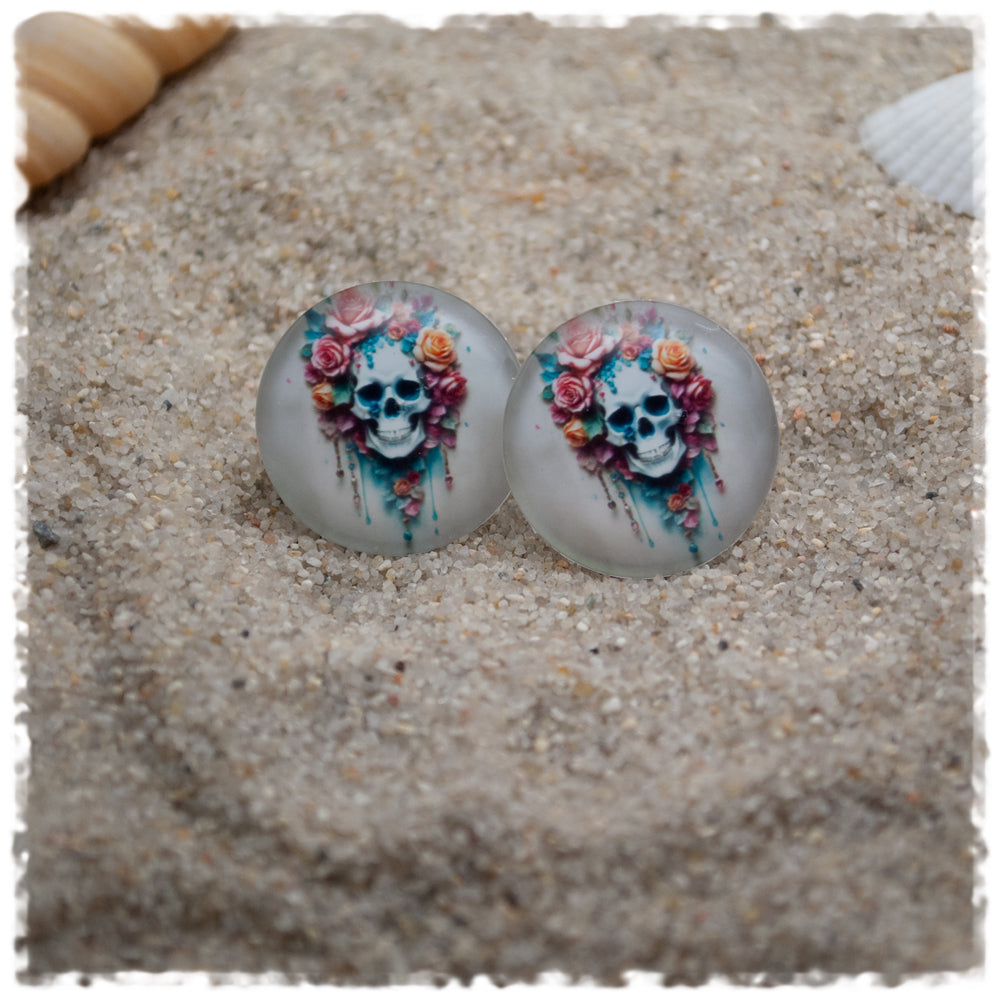 Ohrringe grau mit Totenkopf und rosa Blüten