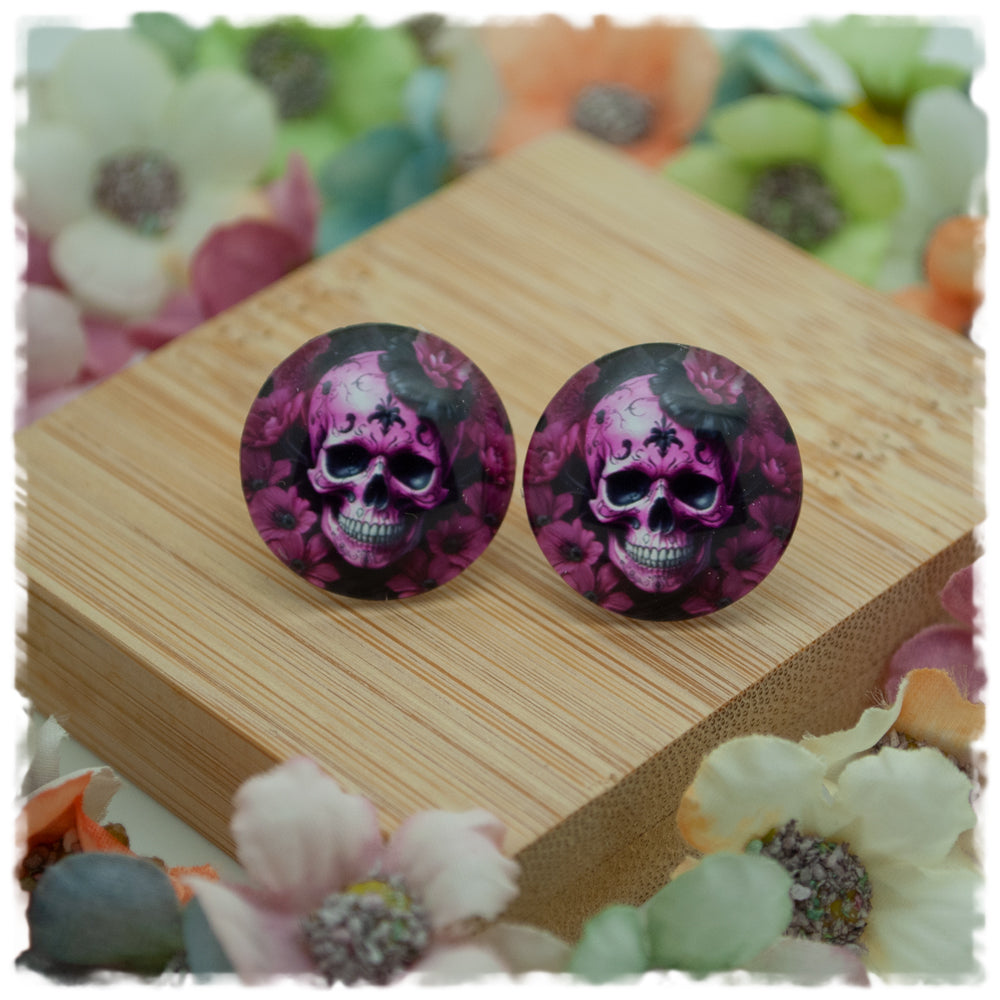 Ohrringe pinker Totenkopf mit pinken Blüten - Jackelina