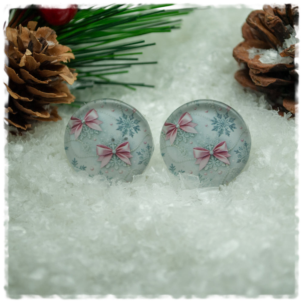 Ohrringe grau mit rosa Schleifen und Schneeflocken