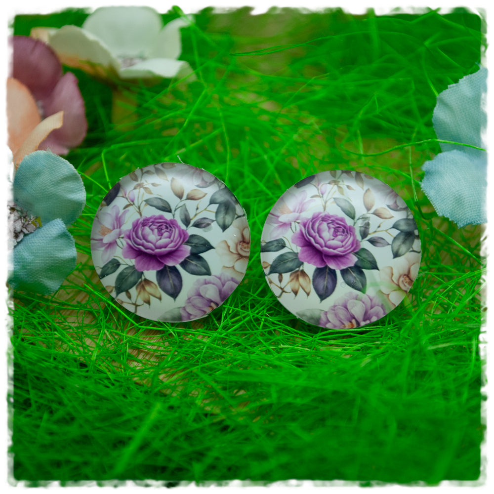 Ohrringe in 20 mm beige mit violetter Rose