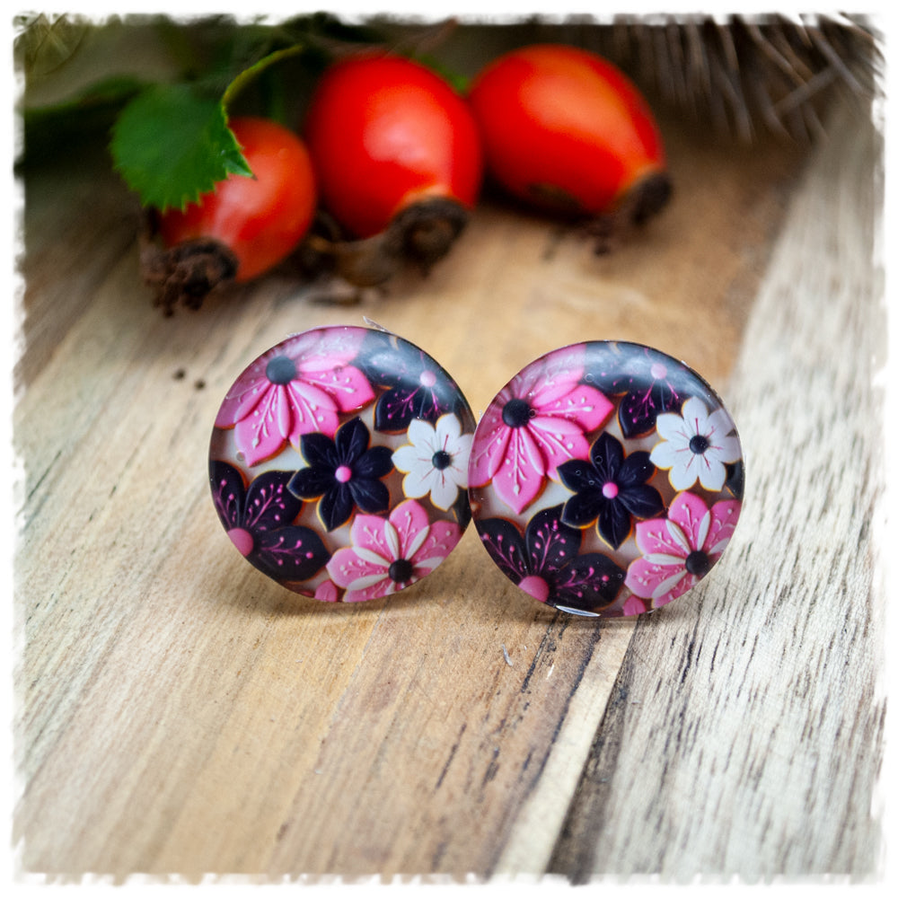 Ohrringe beige mit Blüten in schwarz und rosa