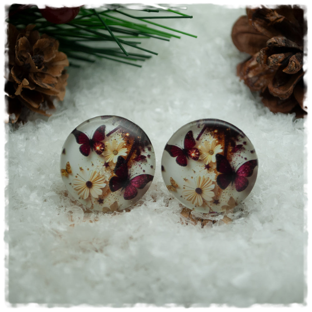 Ohrringe beige mit Blüten und Schmetterlingen