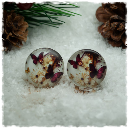 Ohrringe beige mit Blüten und Schmetterlingen