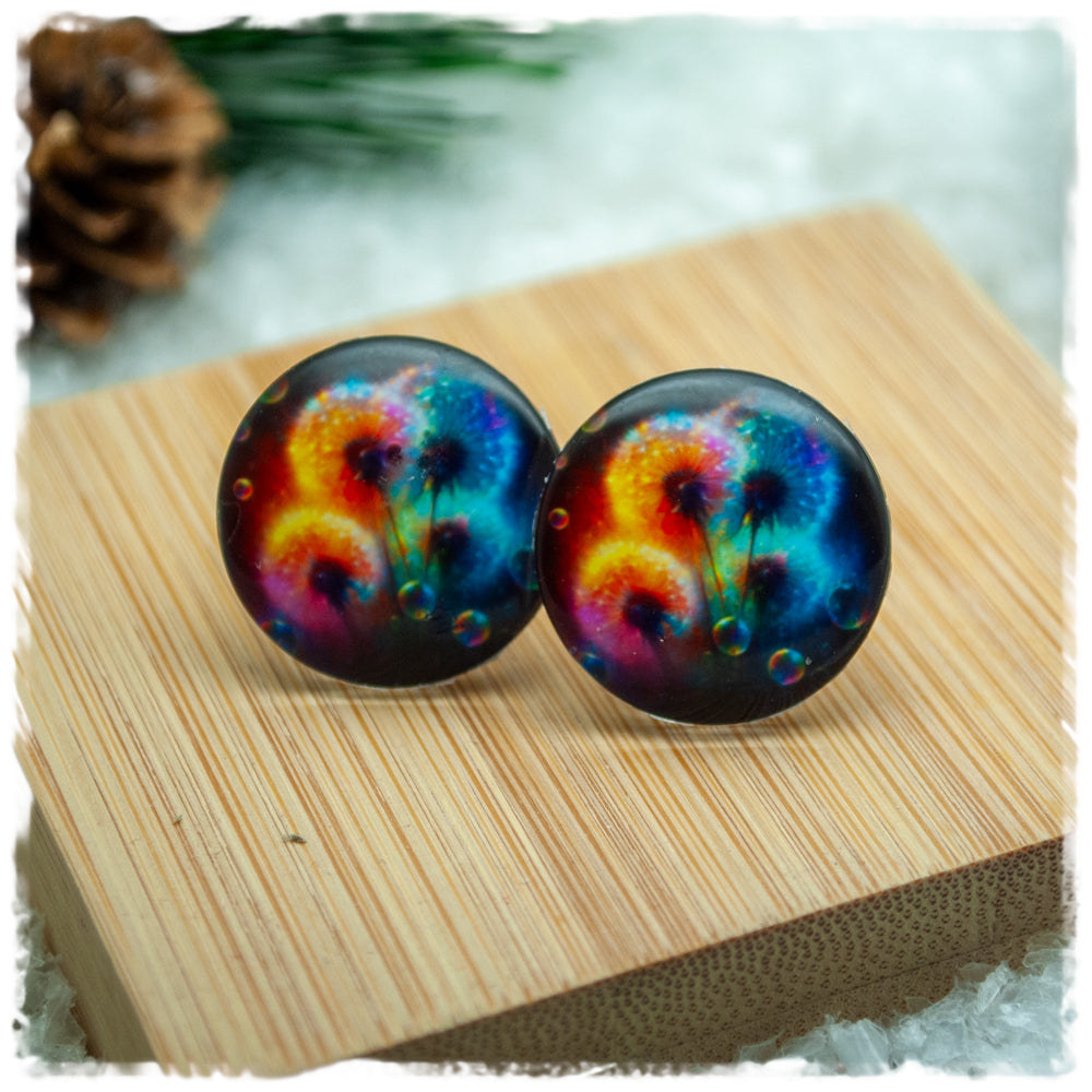 Ohrringe in 20 mm schwarz mit bunten Pusteblumen