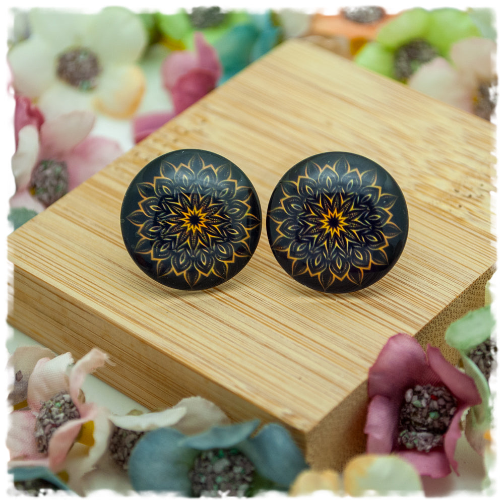 Ohrringe schwarz mit goldenem Mandala - Jackelina