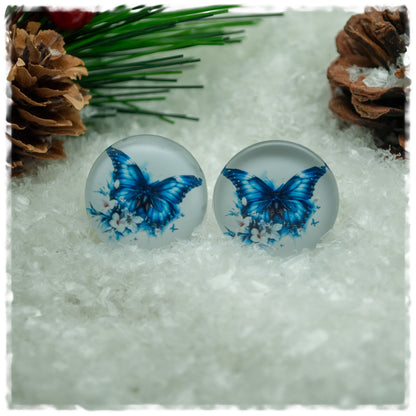 Ohrringe weiß mit blauem Schmetterling