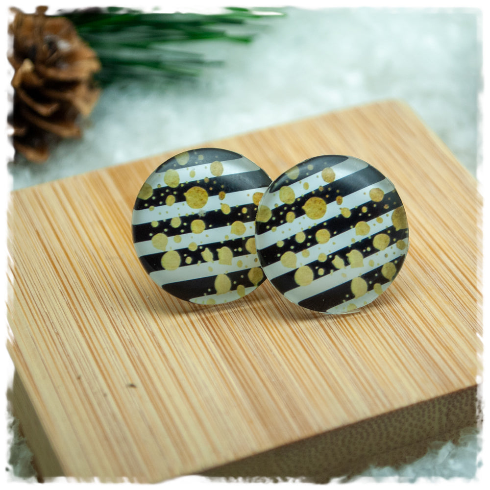 Ohrringe schwarz - weiß gestreift mit goldenen Punkten