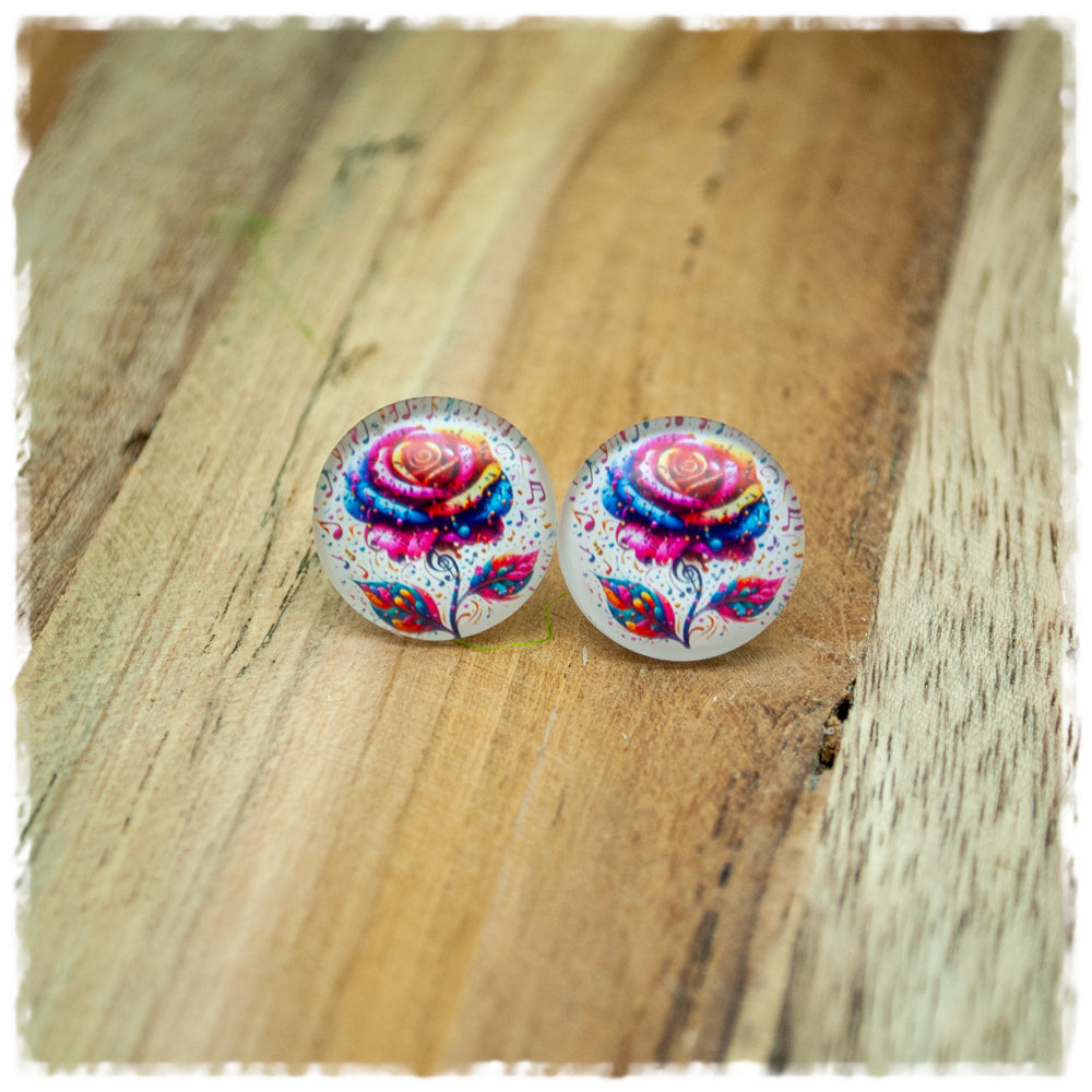 Ohrringe in 16 mm beige mit bunter Rose