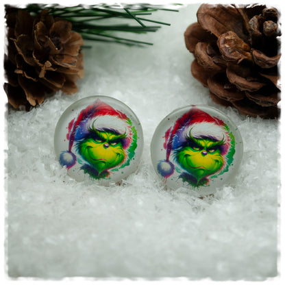 Ohrringe weiß mit grünem Monster und Weihnachtsmütze