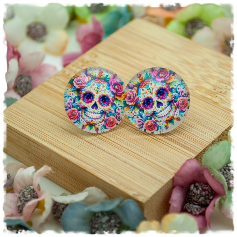 Ohrringe La Catrina Totenkopf mit bunten Blüten - Jackelina