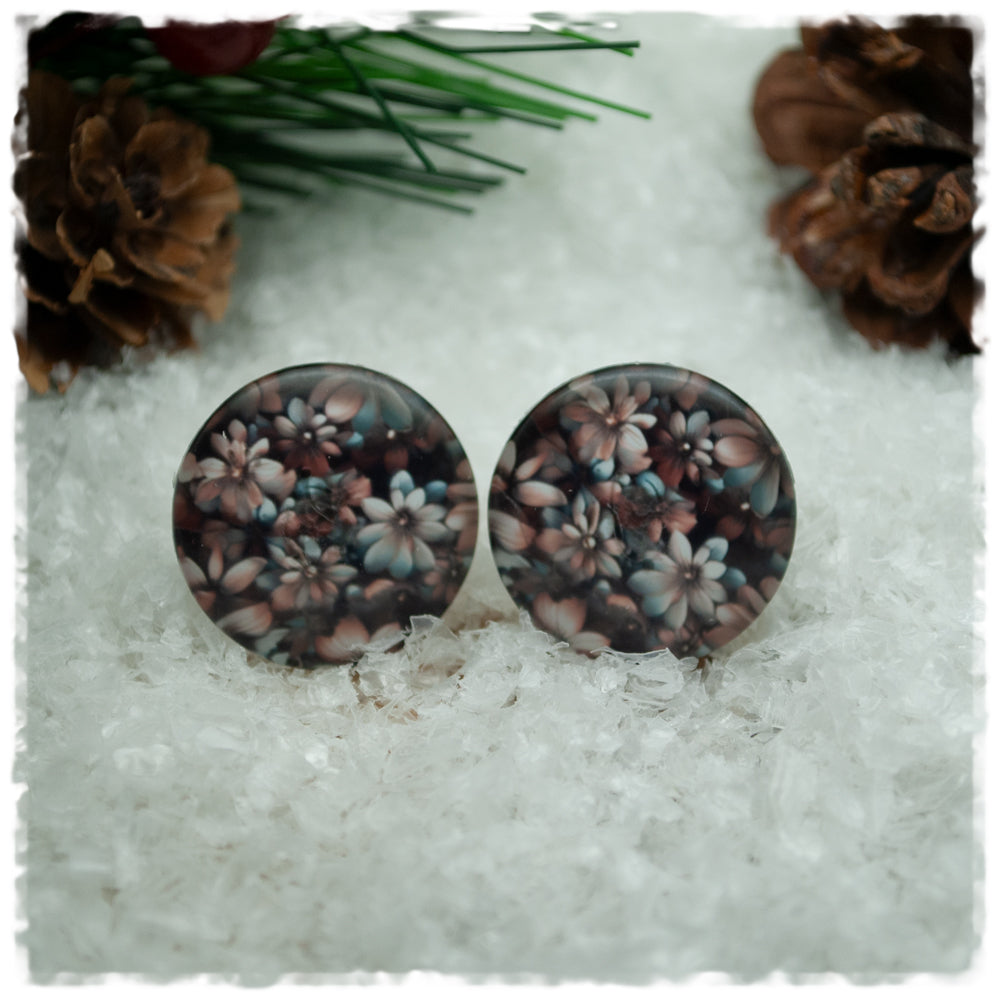 Ohrringe grau mit roségoldenen Blüten