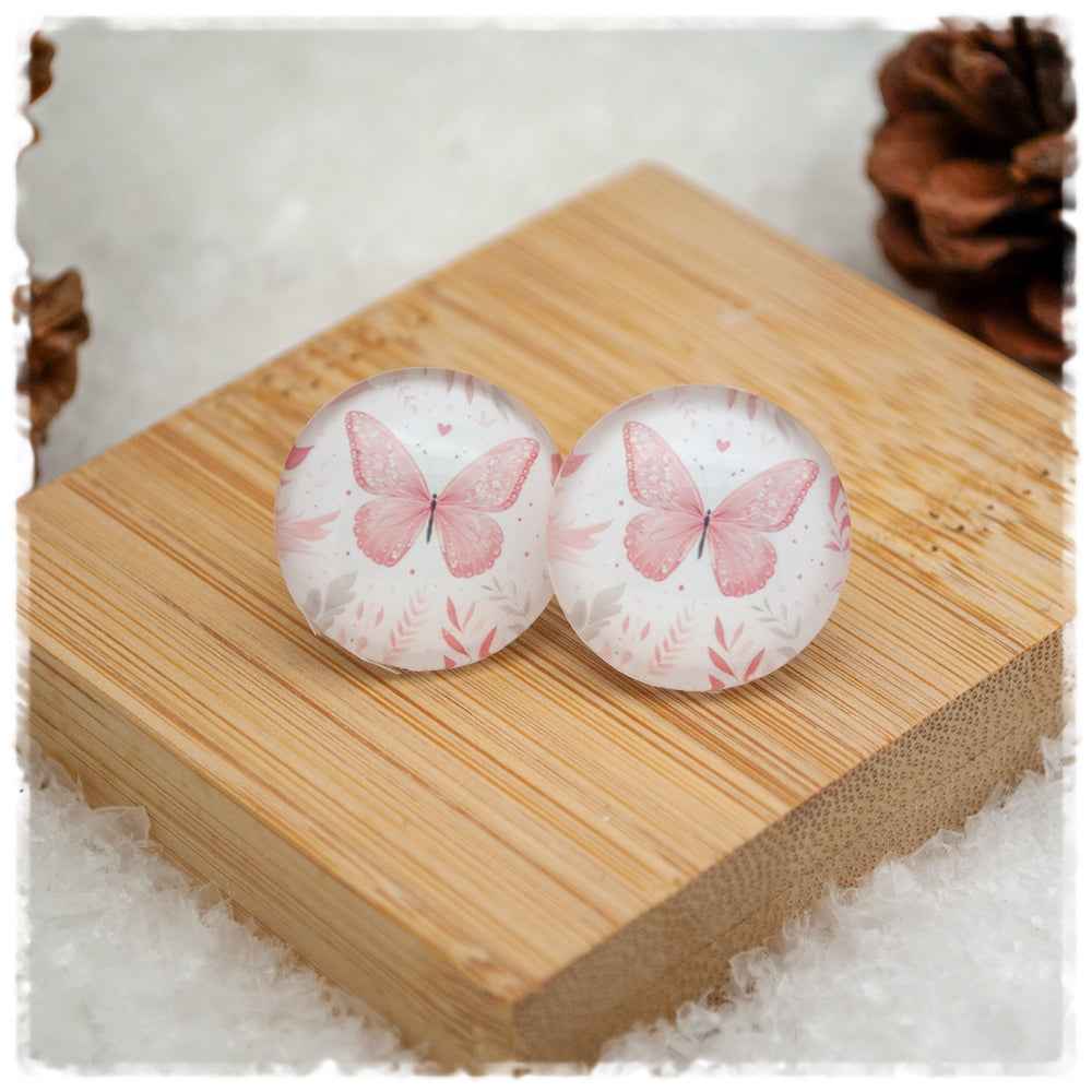 Ohrringe weiß mit Zweigen und rosa Schmetterling