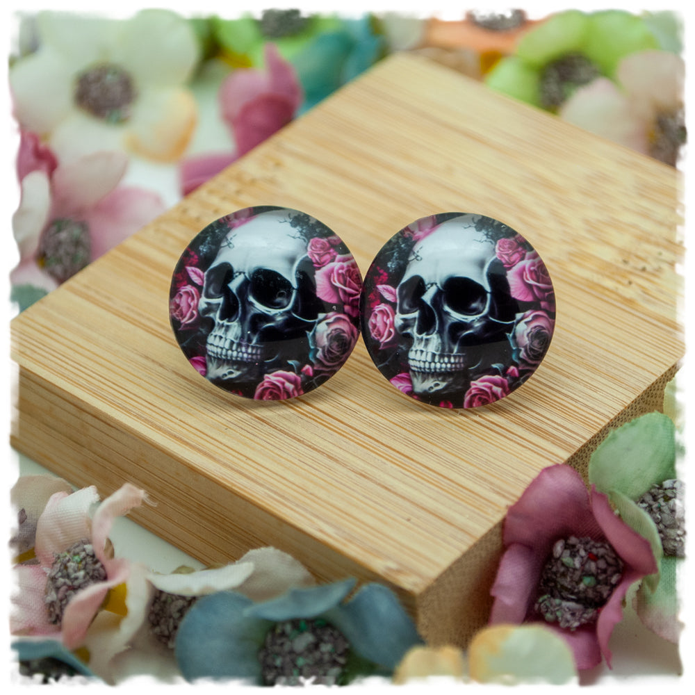 Ohrringe Totenkopf mit rosa Rosen - Jackelina