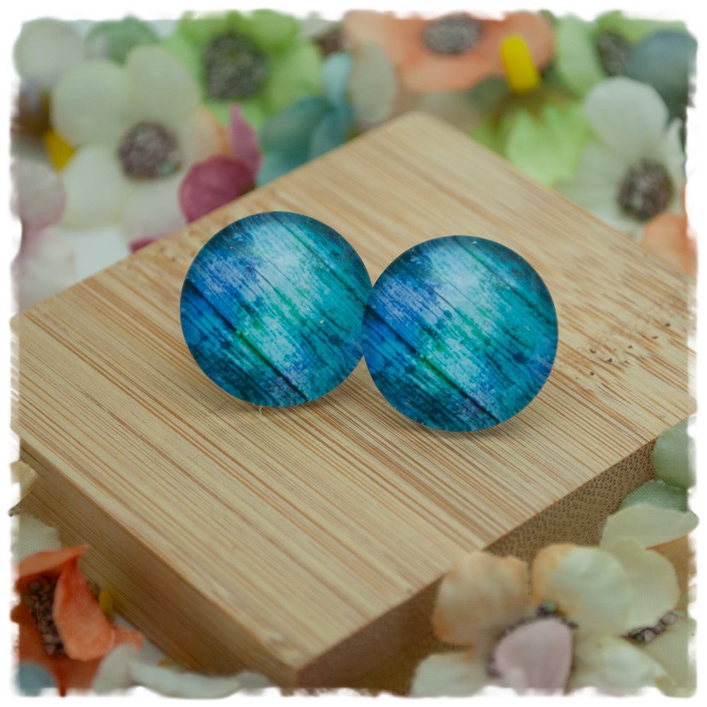 Ohrringe in 20 mm grünblaues Holzdekor