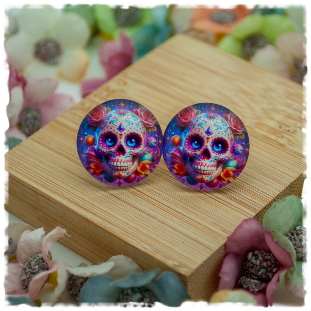 Ohrringe lila mit La Catrina Totenkopf mit rosa Rosen - Jackelina