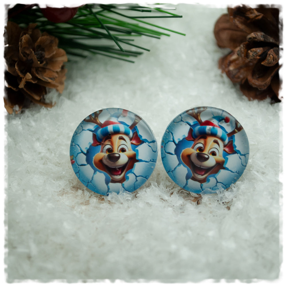 Ohrringe hellblau mit lachendem Rentier und Mütze