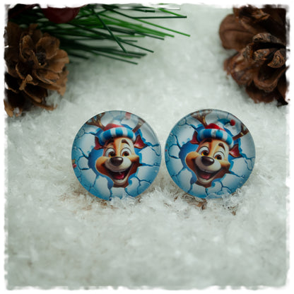 Ohrringe hellblau mit lachendem Rentier und Mütze