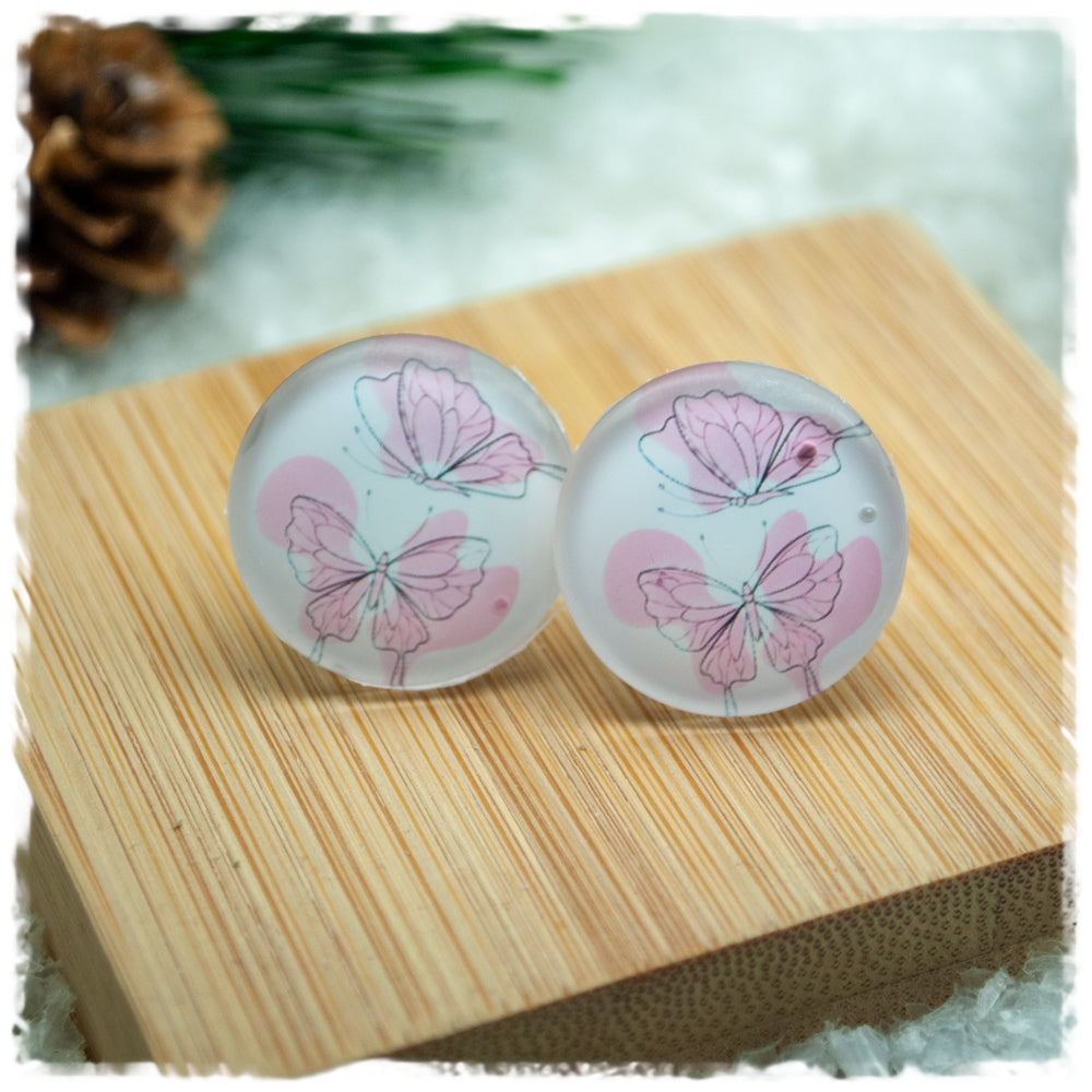 Ohrringe weiß rosa mit gezeichneten Schmetterlingen