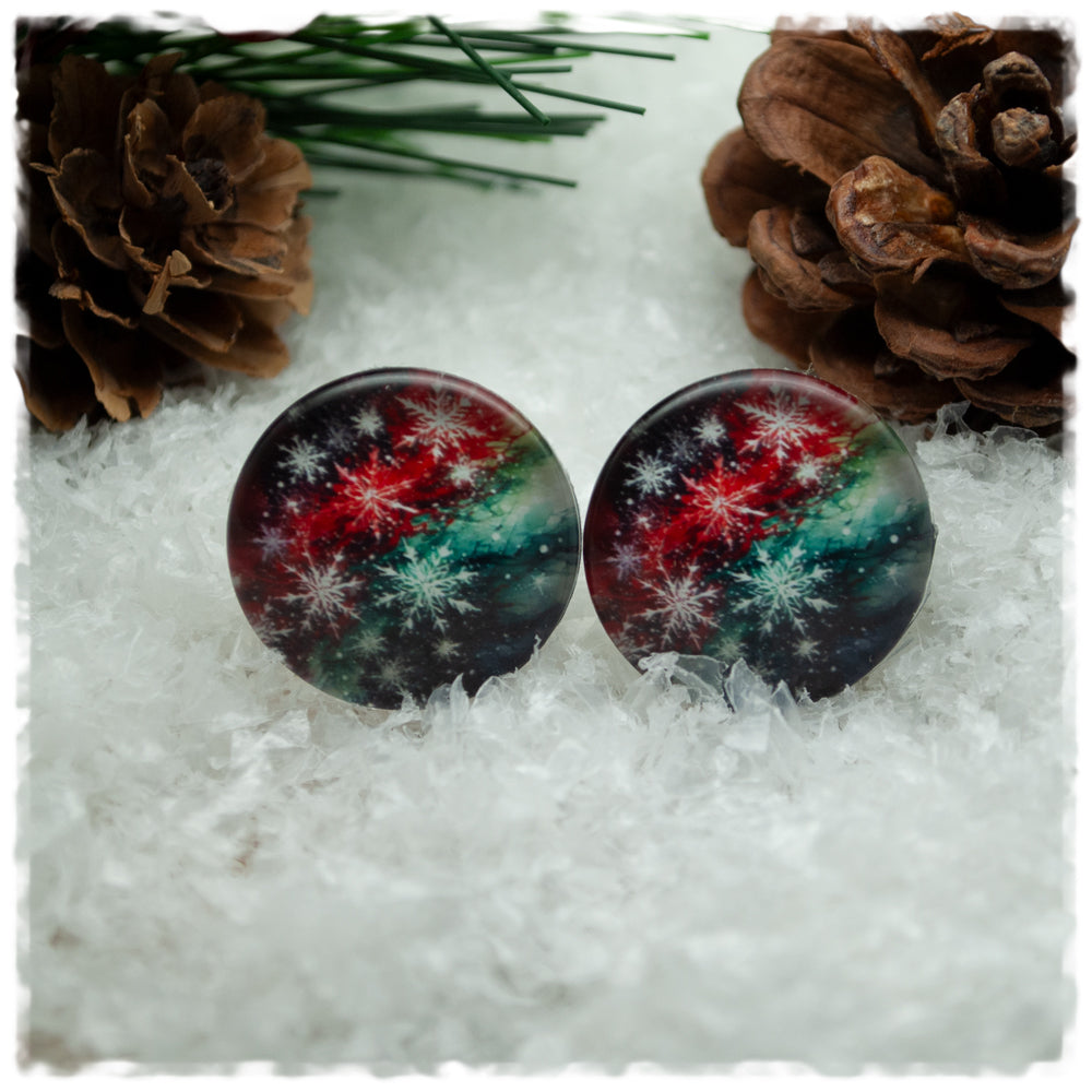 Ohrringe rot grün grau mit Schneeflocken