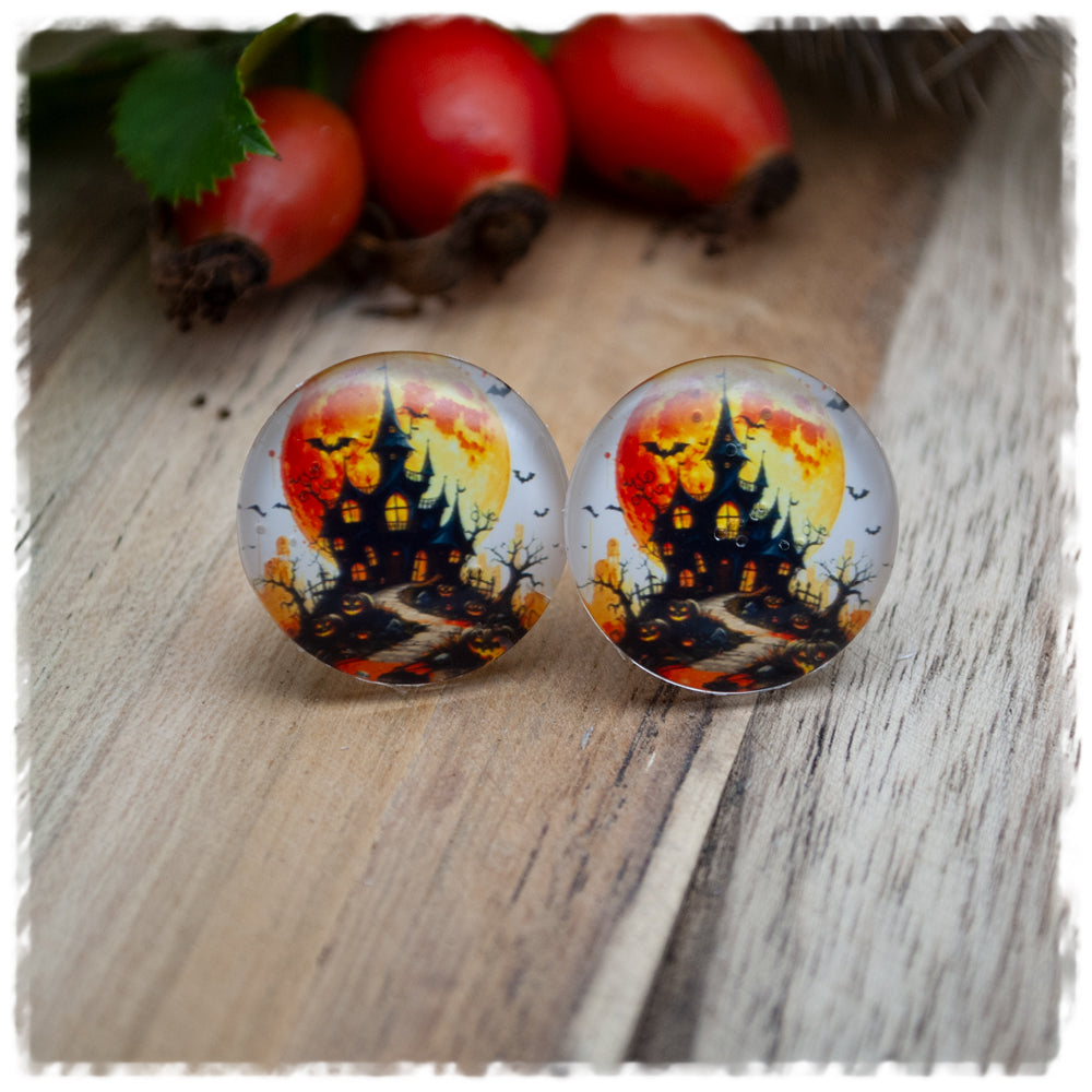 Ohrringe in 20 mm weiß mit Mond und Gruselschloß