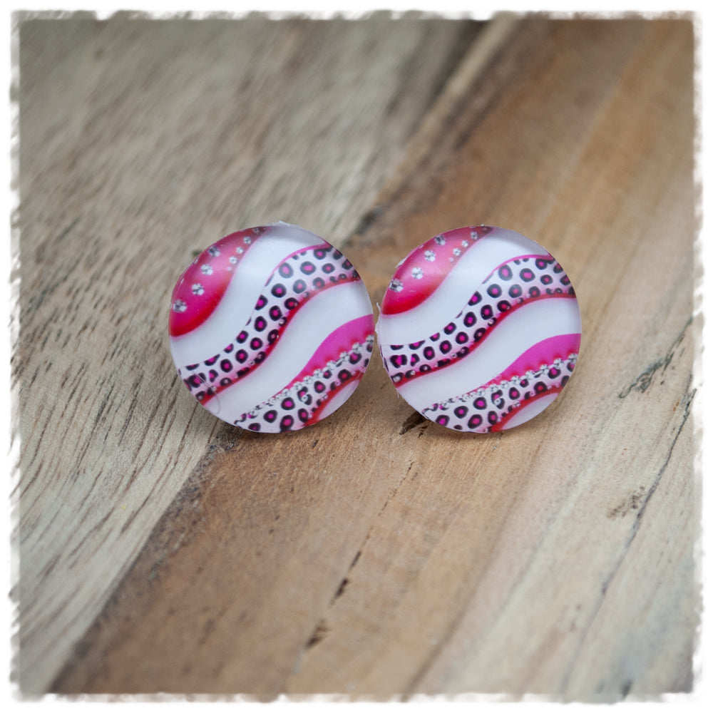 Ohrringe in 20 mm pink weiß gemustert