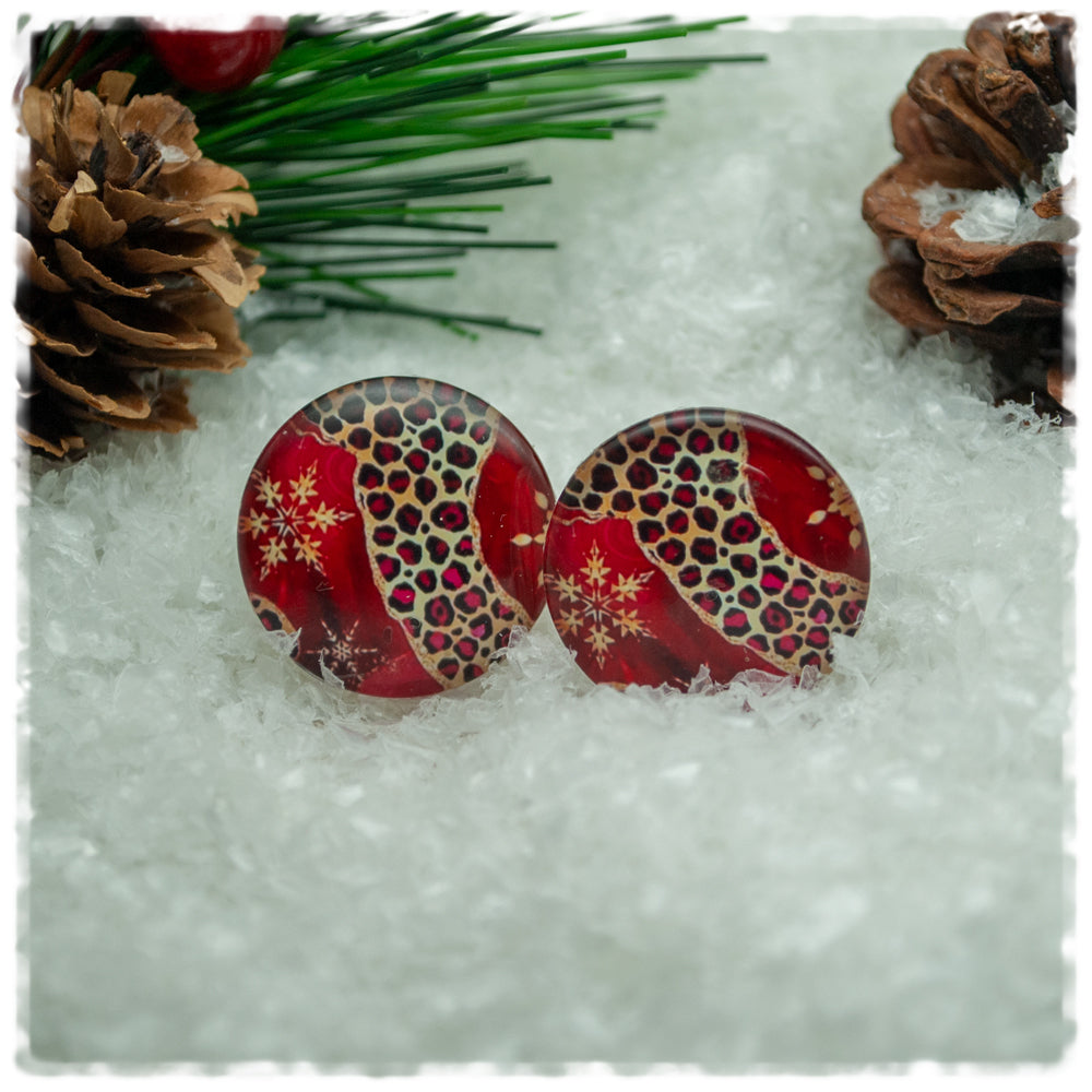 Ohrringe rot mit Schneeflocken und Leoprint (EOL)