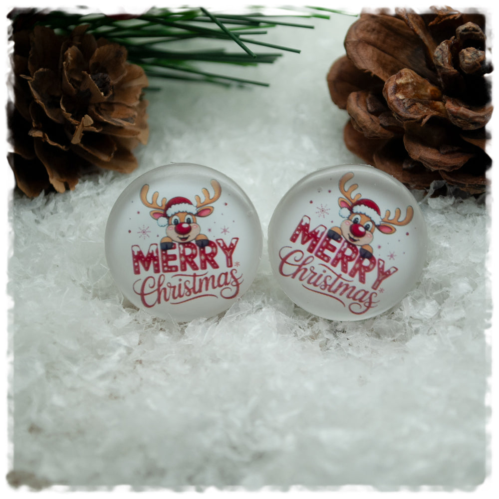 Ohrringe weiß mit Rentier und MERRY Christmas