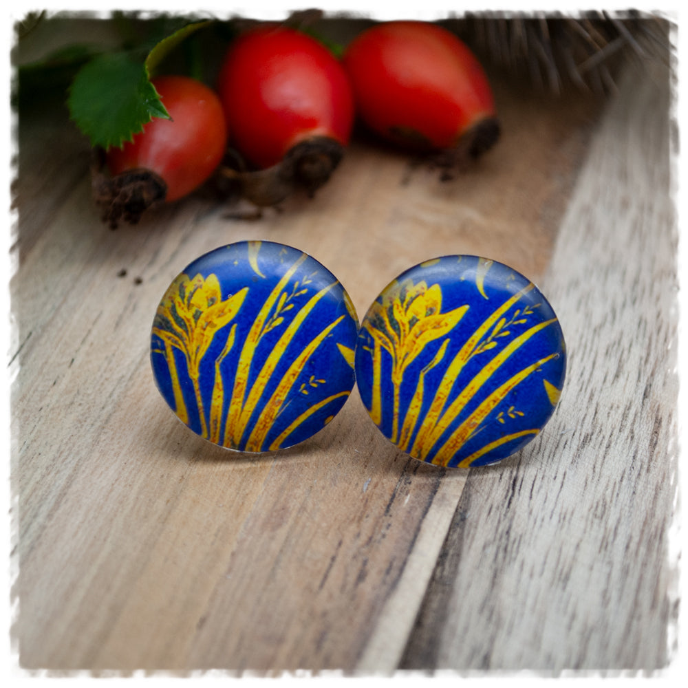 Ohrringe in 20 mm blau mit gelber Blume und Halmen