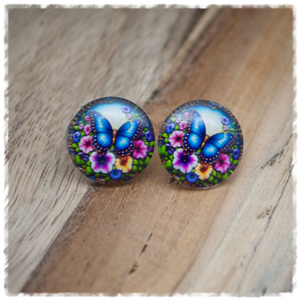 Ohrringe in 20 mm blauer Schmetterling und pink weiße Blüten