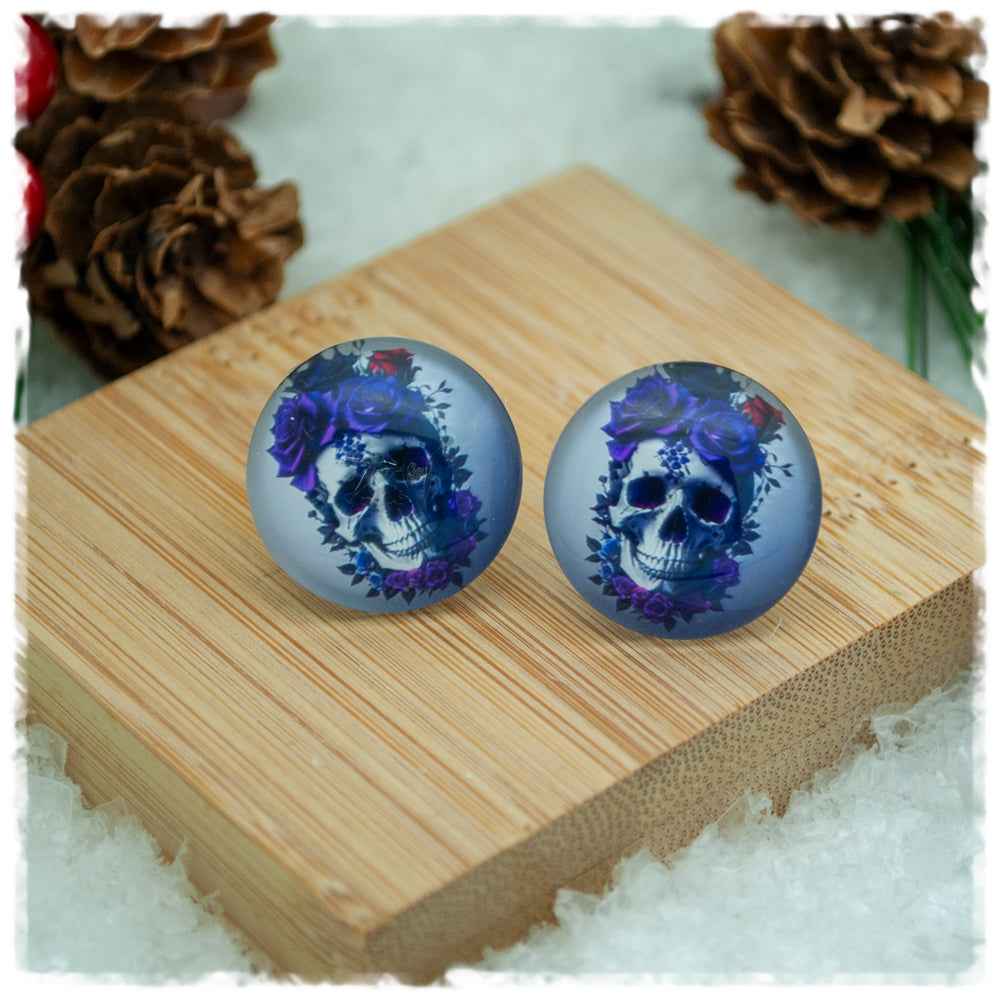 Ohrringe grau mit Totenkopf und lila Blumen (AKTION)