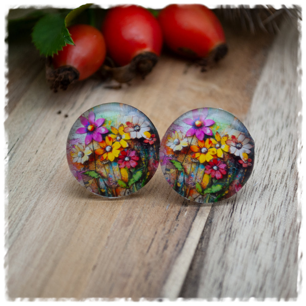 Ohrringe petrol mit Blumen in gelb, pink und weiss