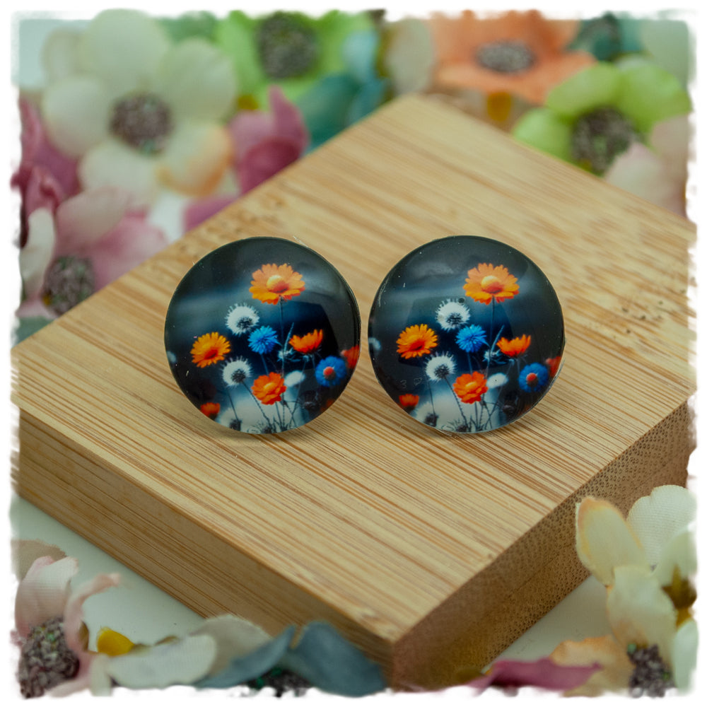 Ohrringe dunkelgrau mit Blumen in gelb, blau und weiß