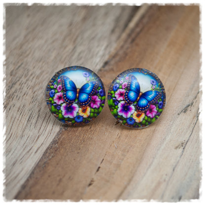 Ohrringe Blüten und blauer Schmetterling