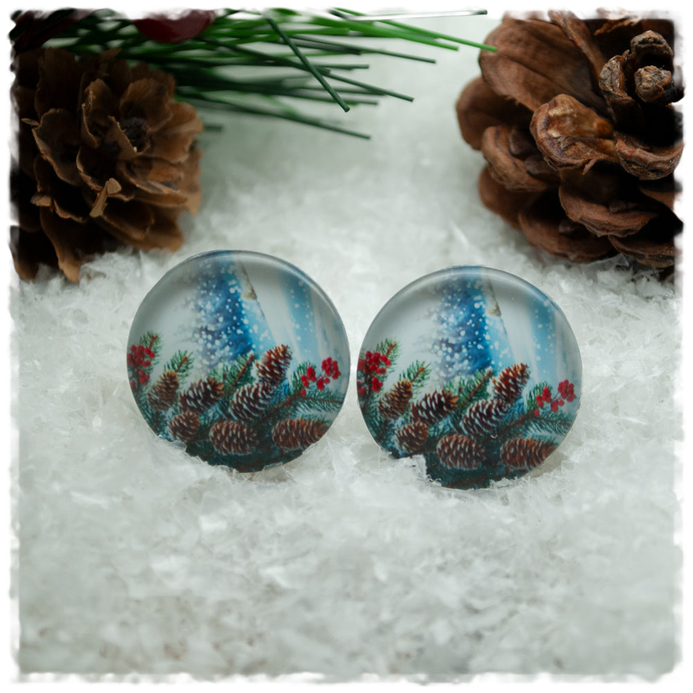 Ohrringe in 20 mm Winterlandschaft mit Zweigen und Tannenzapfen