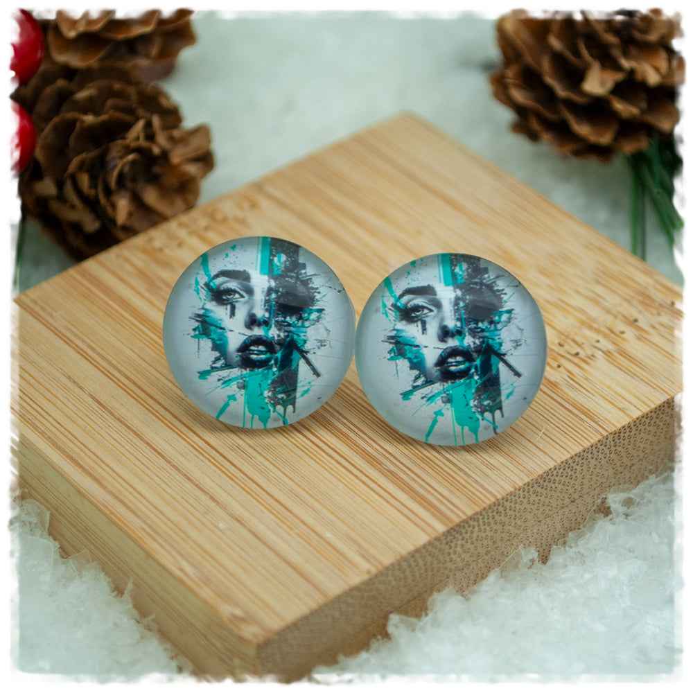 Ohrringe grau mit Gesicht und türkisen Spritzern (AKTION)