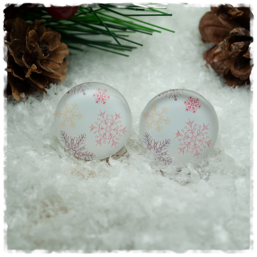 Ohrringe weiß mit roten und goldenen Schneeflocken