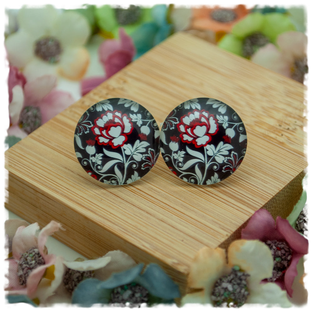 Ohrringe schwarz mit weißen Blättern und roter Blüte - Jackelina