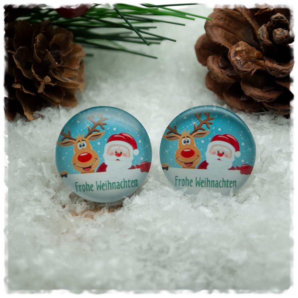 Ohrringe hellblau mit Rentier und Weihnachtsmann Frohe Weihnachten