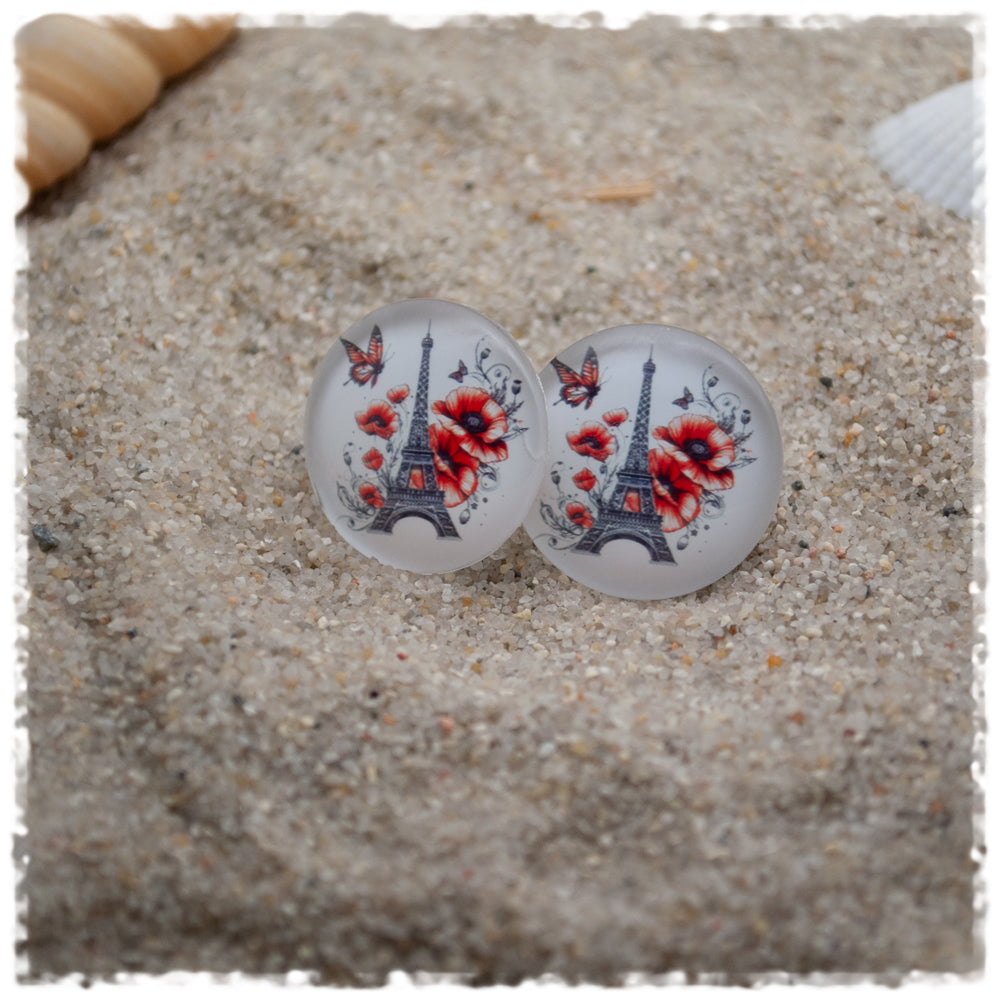 Ohrringe in 20 mm weiss mit Eiffelturm und Mohnblumen