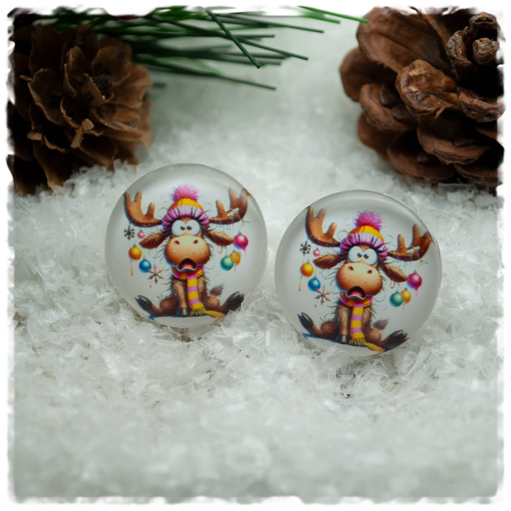 Ohrringe erschrockener Elch mit pinker Pudelmütze