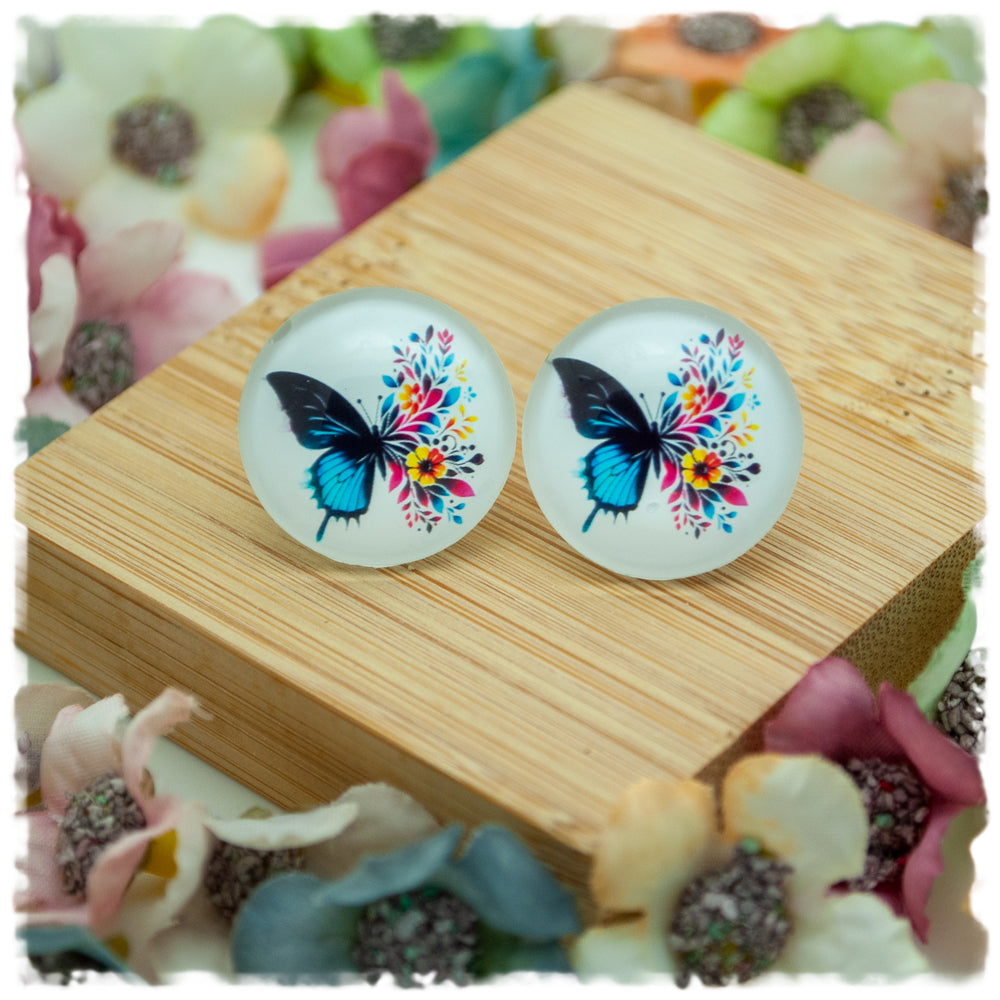 Ohrringe weiße mit blauem Schmetterling und Blüten - Jackelina